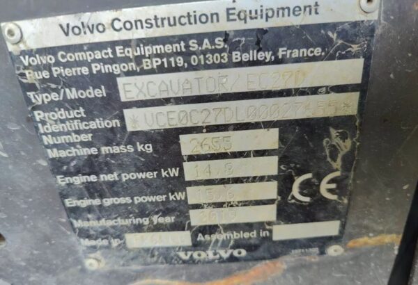 Mini pelle Volvo EC 27 D – Image 5